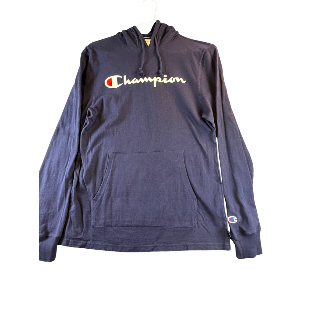 Champion Navy Blue Long Sleeve Hooded Tee Shirt Script Logo Mens Medium